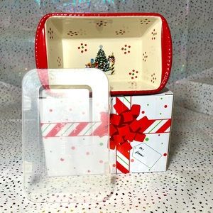 Temptations "Old World" Christmas  Tree Ceramic Loaf Baking Dish & Plastic Lid